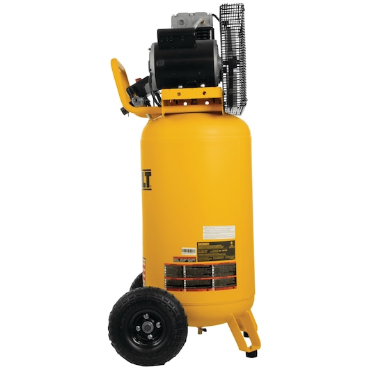 Profile of 25 gallon 200 P S I Oil lubed belt drive portable vertical electric air compressor.