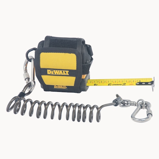 Front view of the DEWALT Tool Anchor Strap, tool lanyard, anchor taped on a chop saw